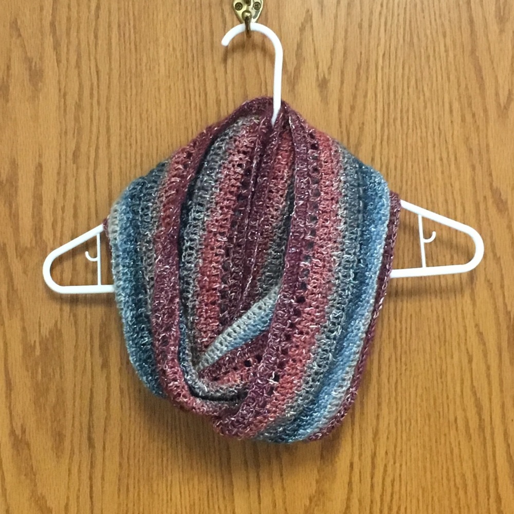 Handmade crocheted infinity scarf coral teal blue